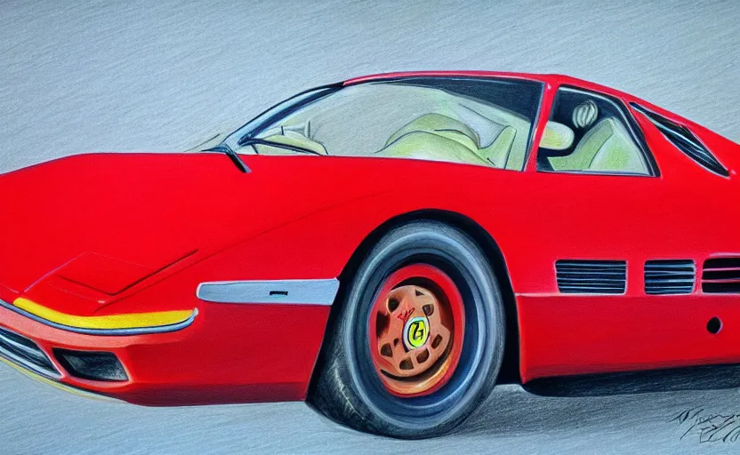 Image similar to a drawing of a red Ferrari Testarossa with wheels and rims, an airbrush painting by Ed Roth, trending on cgsociety, modern european ink painting, matte drawing, airbrush art, detailed painting, 8k