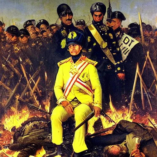 Image similar to Volodymyr Zelensky at war, dressed like Napoleon Bonaparte, sitting on the ground between dead corpses and crying, holding a half burnt blue and yellow flag of Ukraine, in the style of Norman Rockwell