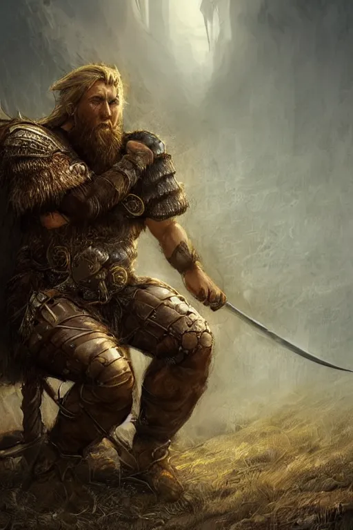 Image similar to aesthetic digital illustration of a defeated viking warrior on his knees by anne stokes, greg rutkowski, and brian belle din | dirty and bloody, concept art, character concept, matte background, golden ratio, rule of thirds, golden hour lighting, unreal engine, finalrender, centered, deviantart, artgerm