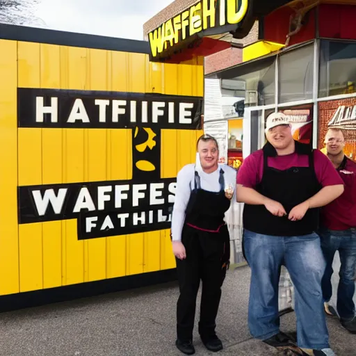 Image similar to wafflehouse employee's standing below wafflehouse sign