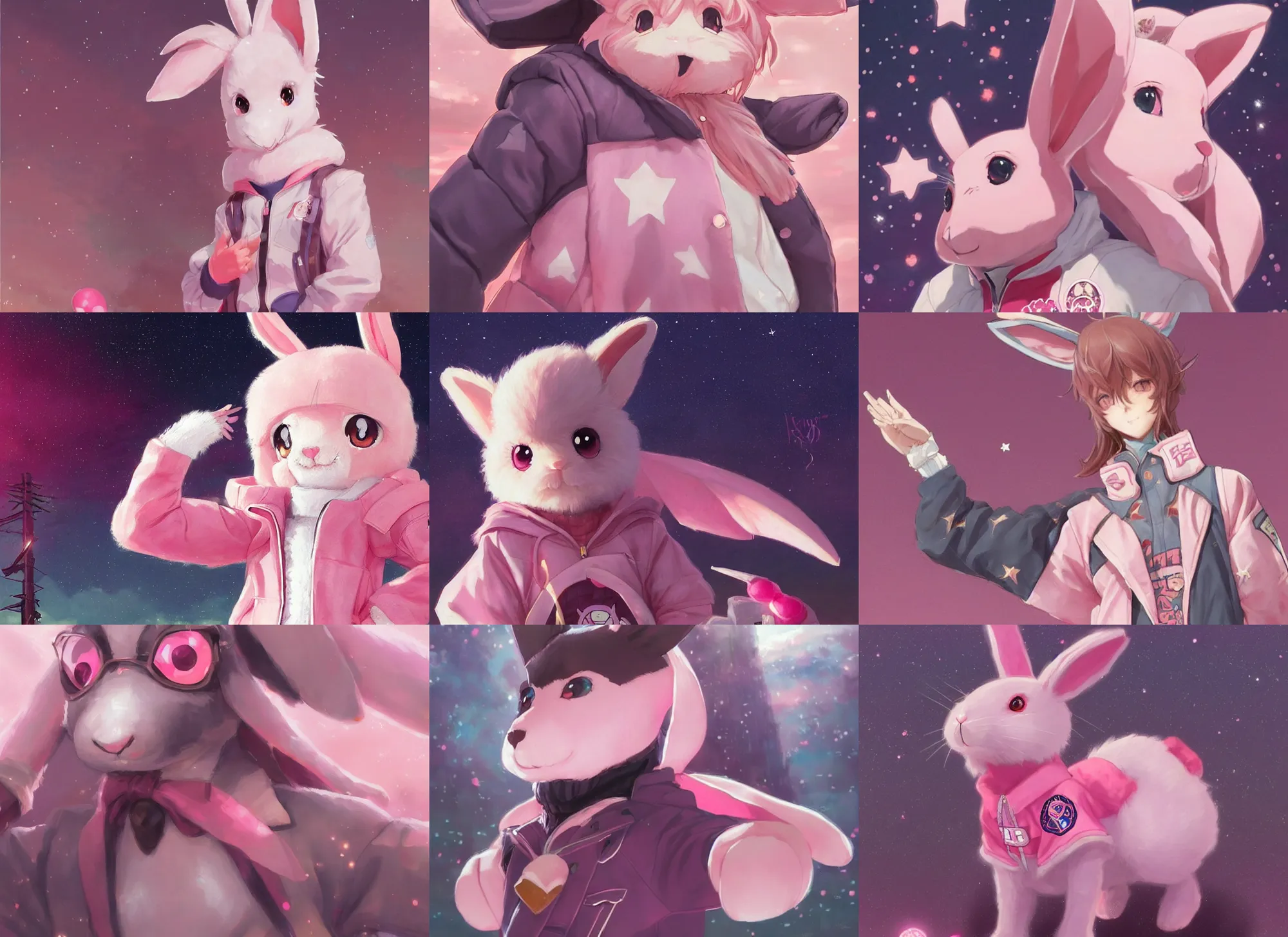 Prompt: official artwork of a pink rabbit wearing a letterman jacket, by Krenz Cushart, detailed art, many stars in the night sky, pink iconic character, wallpaper