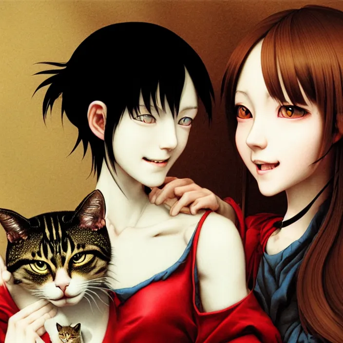 Prompt: renaissance portrait of the secretive vampire girl loner smiling at her cat, by katsuhiro otomo, yoshitaka amano, and artgerm rendered with 3 d effect.