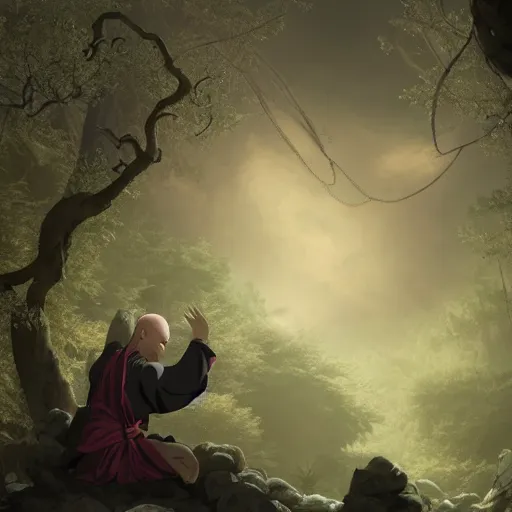 Image similar to a dragon sage monk yamabushi meditates in a dark forest. surrounded by serpents of all sized, danzo, orochimaru madara, ultra hyper detailed realistic matte painting artstation narutoverse stylized beautiful lighting moody gloomy