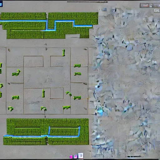 Image similar to cs : go minimap, layout of map, 2 character spawn locations on opposite sides of map with a highlighted box around them, 2 objective sites with a hihg lighted box around them, overhead view of the minimap design