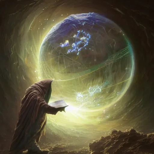 Prompt: the creator of worlds wearing a cloak and holding a holographic planet projection in his hand, face covered in cloth, detailed, sci - fi, digital painting, artstation, sharp focus, illustration, ominous, artgerm, tomasz alen kopera, peter mohrbacher, donato giancola, joseph christian leyendecker, wlop, frank frazetta