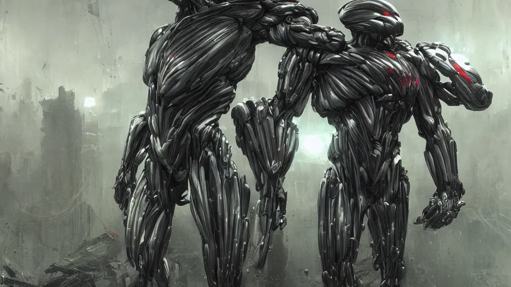 Image similar to crysis nanosuit with powerful biological muscle augmentation, machines, bleak, remnants of the human civilization at dusk, painted by tsutomu nihei, painted by artgerm and greg rutkowski