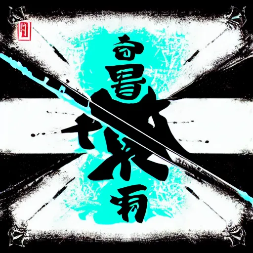 Image similar to samurai ninja random japanese words in the turquoise and black color as scarlxrd album cover