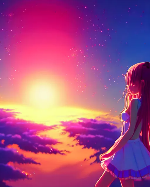 Image similar to anime style, vivid, colorful, full body, a cute girl with white skin and long pink wavy hair singing a song, heavenly, stunning, realistic light and shadow effects, happy, centered, landscape shot, happy, simple background, studio ghibly makoto shinkai yuji yamaguchi