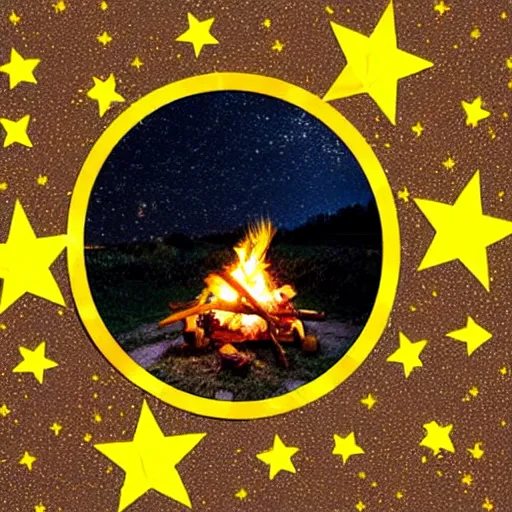 Image similar to a comfy crackling outdoor campfire in front of a very dark background of yellow illustrated stars, astrophotography, warm muted colors, cut paper photo collage with photograph and illustration