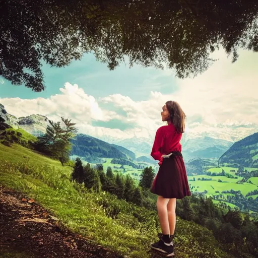 Image similar to a beautiful photograph of a girl with switzerland landscape in the background with trees, hdr, 8 k, high quality, sharp focus, artstation, highly detailed, award - winning, dramatic lighting, beautiful clouds, and nature