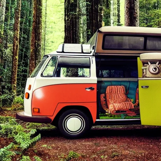 Prompt: a 1 9 8 0 s volkswagon camper van in a forest of towering evergreen trees, in the style of studio ghibli