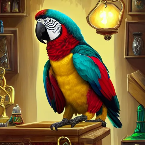 Prompt: Anthropomorphized parrot trader in his shop, selling his wares, portrait, items, gold, magic potions, carpet, window, funny hat, sly expression , cunning expression, cute expression, long thick shiny gold beak, presenting wares, holding a gold bag, D&D, fantasy, cinematic lighting, highly detailed, digital painting, artstation, concept art, smooth, sharp focus, illustration, warm light, cozy warm tint, magic the gathering artwork, volumetric lighting, 8k, art by Akihiko Yoshida, Greg Rutkowski