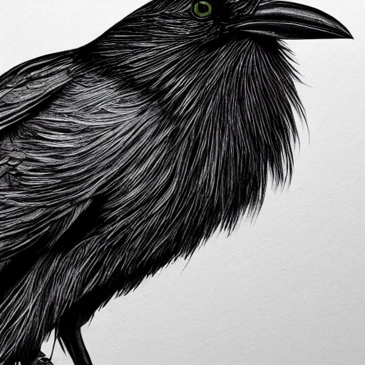 Prompt: detailed crow illustration, full body, surrealist, black ink on white paper, sketched 4k