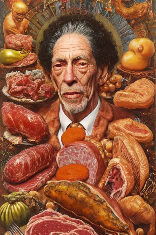 Prompt: hyper realistic portrait painting of earnest p. worrell ( intricate detail, golden ornaments, deli meats ) wet, deli meats, by godward, gustav moreau, saturno butto, boris vallejo, austin osman spare and david kassan, by bussiere. occult art, occult diagram, turquoise and orange color scheme.