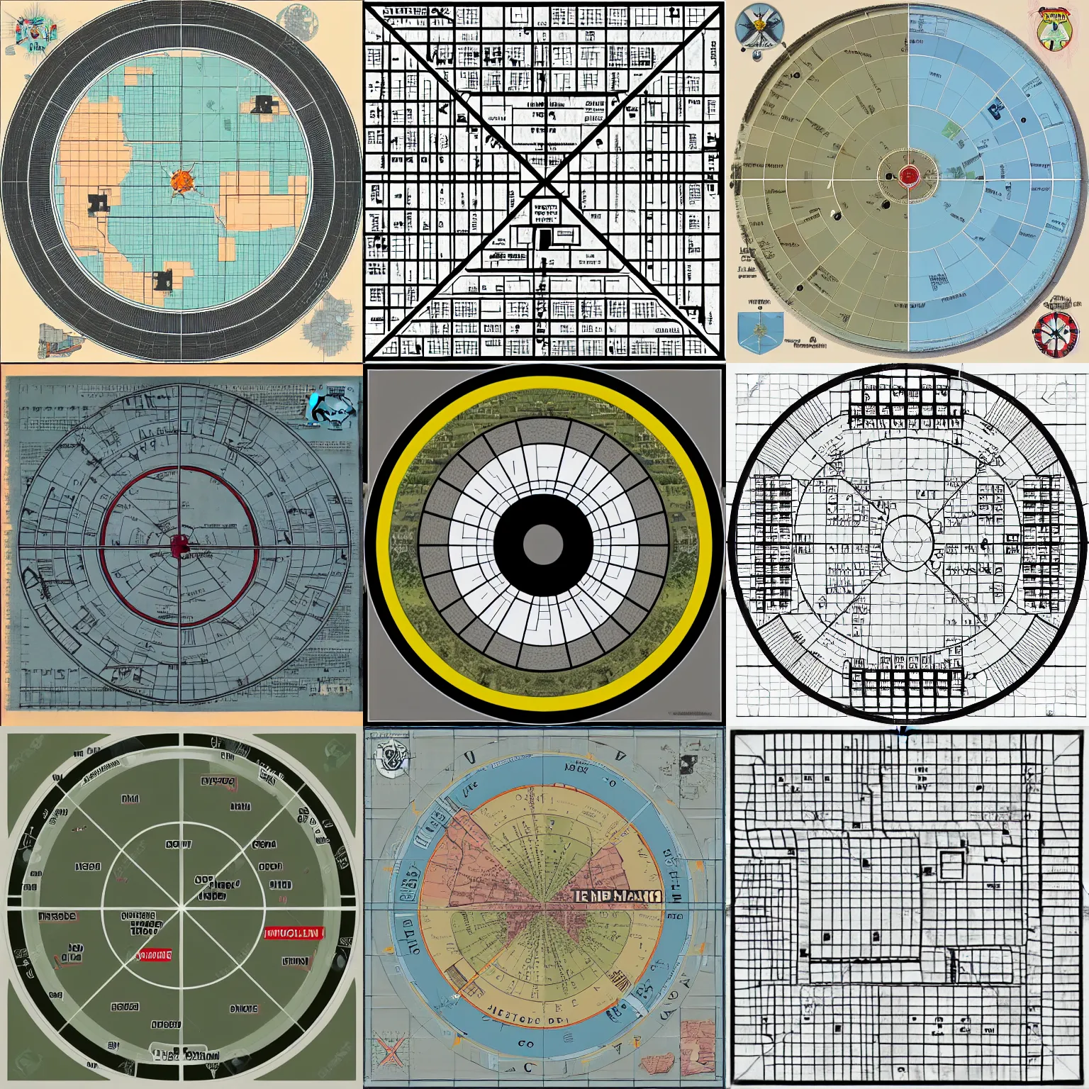 Prompt: map of a military base, random squares and circles