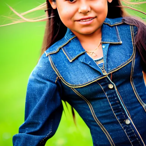 Image similar to a seven years old latin girl plays on a great green meadow, she wears a bolero, jeans and black boots, she has two ponytails, photo taken by a nikon, highly detailed, sharp focus