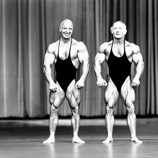 Prompt: a picture of patrick stewart and john delancey in a body building competition, viewed from far away, lifting weights, sharp focus, vector, 4 k, by victor mapplethorpe