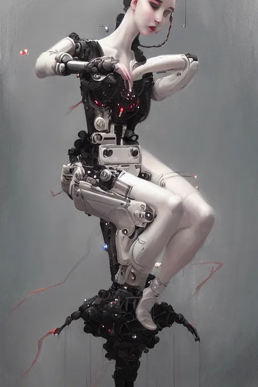 Prompt: sitting beautiful painting of a crowned robotic cyberpunk ballerina in a gothic dark flowing tutu intricate, elegant, highly detailed, digital painting, artstation, concept art, by krenz cushart and artem demura and william adolph bouguereau