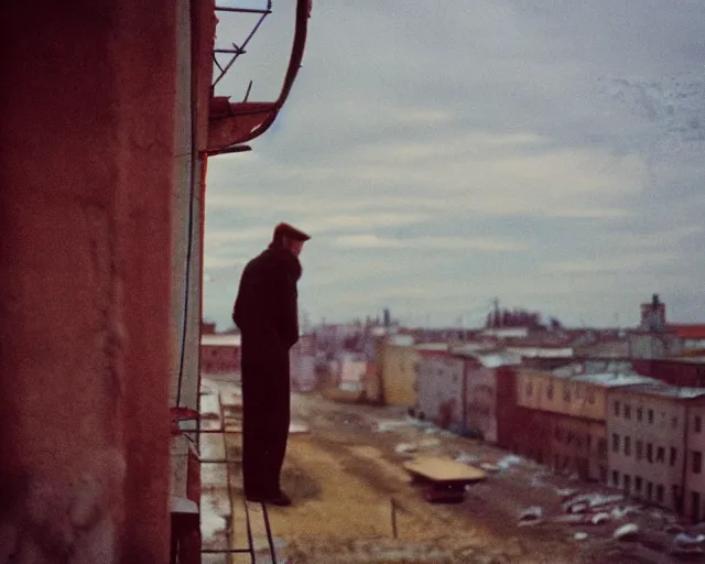 Image similar to lomo photo of man standing on the roof of soviet hrushevka, small town, cinestill, bokeh, out of focus