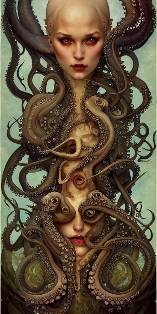 Prompt: fantasy fish, octopus, squid, concept art, schematics, gnarly details painted by tom bagshaw, norman rockwell, mucha, gurney