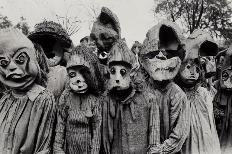 Image similar to vintage photo of villagers wearing weird masks, eerie, bizarre, highly detailed shot, dramatic 8 k uhd