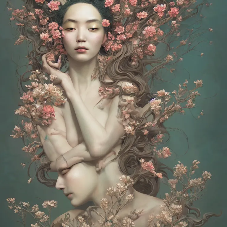 Image similar to breathtaking detailed concept art painting art deco portrait of gaea the goddess amalgamation flowers, by hsiao - ron cheng, bizarre compositions, exquisite detail, extremely moody lighting, 8 k