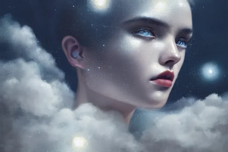 Prompt: 3 d, close - up, clouds, moon rays, frown fashion model, night, liquid silver metal and black water, vogue cover style, poster art, hyper detail, intricate oil painting, multiple exposure, morning mood, 3 d, by tooth wu and wlop and beeple and greg rutkowski