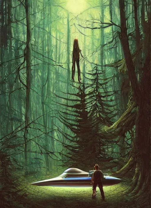 Image similar to hyper realistic spaceship in the woods by a river gorgeous lighting, lush forest foliage blue sky a hyper realistic painting by chiara bautista and beksinski and norman rockwell and greg rutkowski, weta studio, and lucasfilm