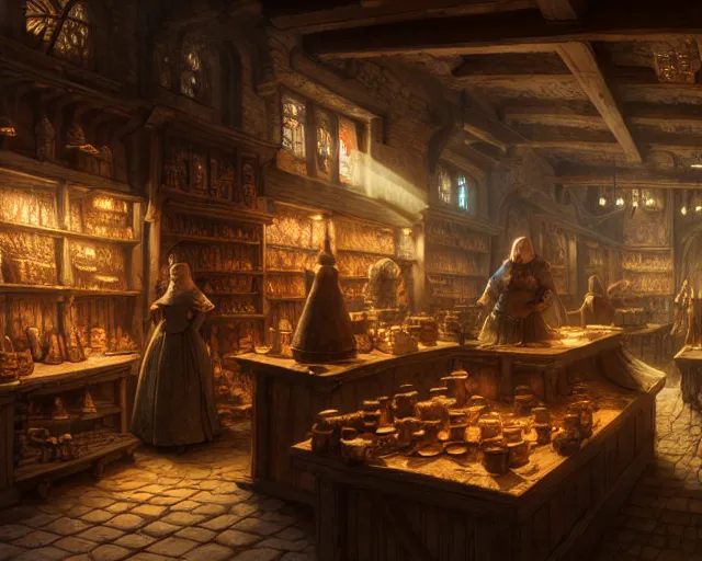 Image similar to a medieval shop, beautiful, detailed, realistic detailed clients, dark, concept art illustration, color page, tone mapping, akihiko yoshida, james jean, andrei riabovitchev, marc simonetti, digital illustration, greg rutowski, volumetric lighting, sunbeams, particles