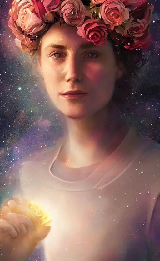 Image similar to astronaut in space with a rose flower crown, sharp focus, intricate, elegant, digital painting, artstation, matte, highly detailed, concept art, illustration, volumetric lighting, bokeh light, art by greg olsen and liz lemon swindle