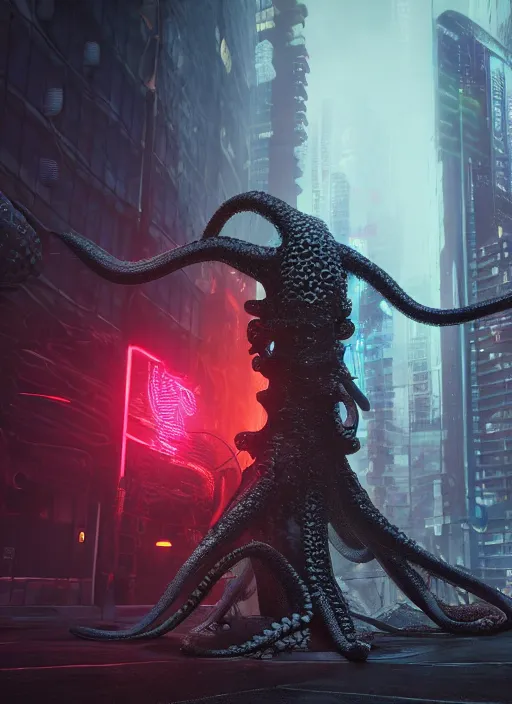 Prompt: hyperrealism, detailed textures, photorealistic 3 d cyberpunk octopus in apocalyptic city, futuristic clothing and helmet, neon colors, ultra realistic, cinematic, intricate, low light, unreal engine 8 k