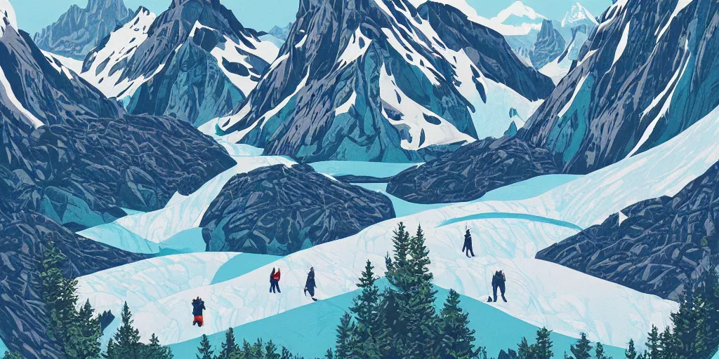 Image similar to beautiful idyllic poster illustration for a craggy ice glacier valley national park by ludwig hohlwein, ludwig hohlwein, graphic, behance, clean bold design