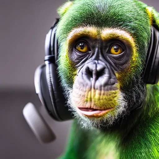 Image similar to a photo of a green chimp wearing headphones