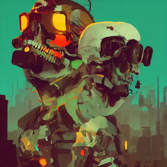 Image similar to a colorful comic noir illustration painting of a cyberpunk skull by sachin teng, sergey kolesov, greg rutkowski, simon stalenhag. in style of digital art. hyper detailed, sharp focus, soft light. octane render. ray tracing. trending on artstation