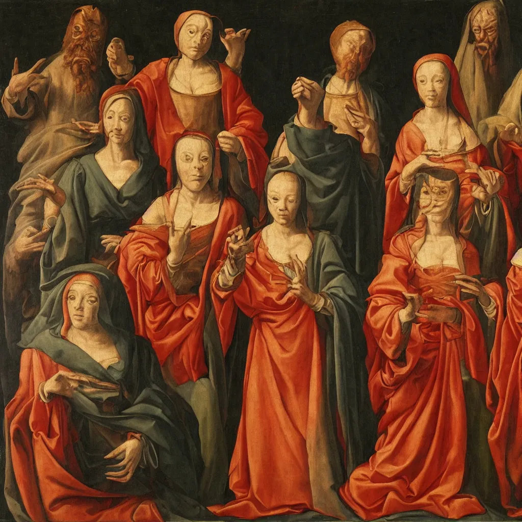 Image similar to a renaissance painting of a wise owl woman in a robe, three cloaked figures standing behind her
