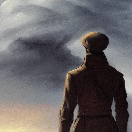 Image similar to dark-skinned man standing tall on a cliff fog clouds clothed in military uniform holding sword in the style of CASPAR DAVID FRIEDRICH techno atmosphere colourful beautiful image, brush strokes, pastel, artstation deviantart acrylic