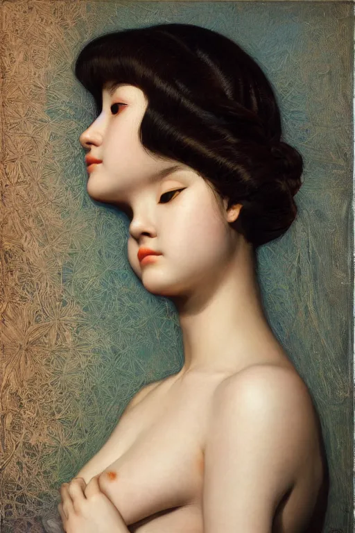 Image similar to beautiful girl posing in studio setting by frantisek kupka, intricate, miles johnston, kuroda seiki, cynical realism, ozabu, john william godward, painterly, yoshitaka amano, moebius, miles johnston, louise zhang, james jean, mark ryden