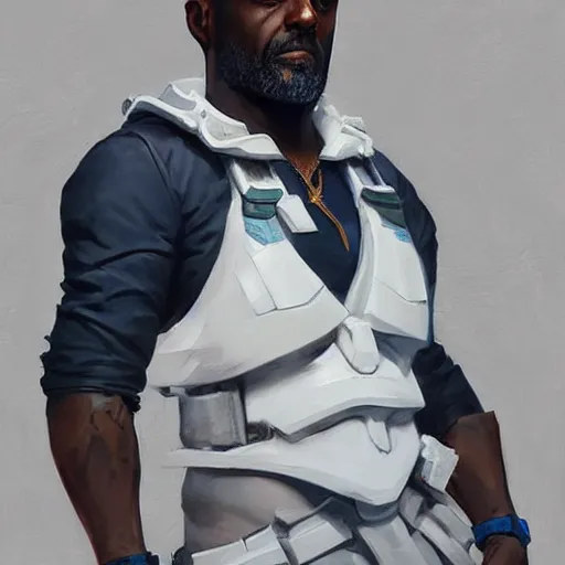 Prompt: greg manchess painting of idris elba as an overwatch character, profile picture, matte painting, bold shapes, hard edges, street art, trending on artstation, by huang guangjian and gil elvgren and sachin teng