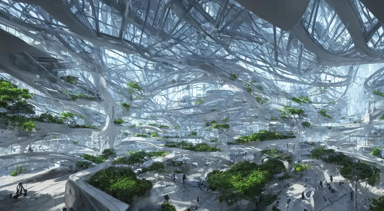 Prompt: futuristic office overlooking glass and steel and plastic atrium with parks and plants, glowing computer screens, voluminous light and light rays, extremely intricate, very detailed, in style of zaha hadid, artstation, octane render, cinematic lighting
