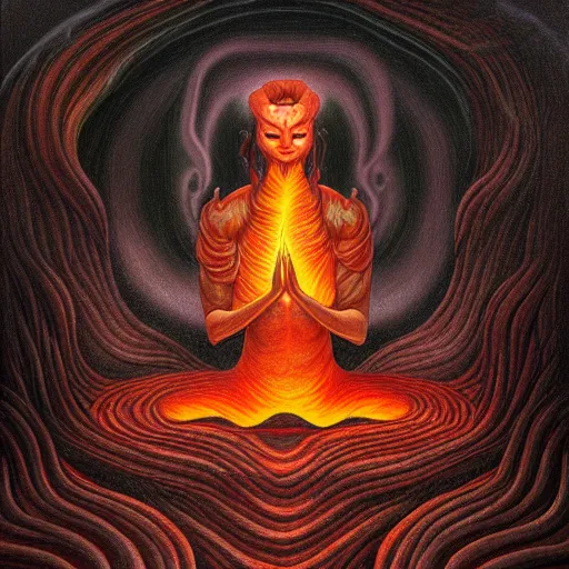 Image similar to a demon meditating near a zen garden with a lava waterfall in hell and opening a portal to heaven by amanda sage and anton semenov, oil on canvas 8k, dramatic lighting