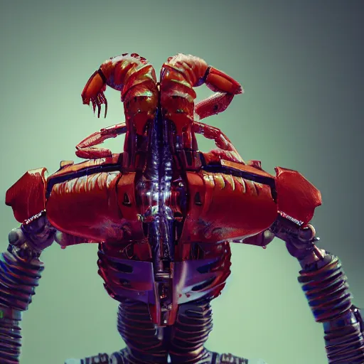 Prompt: a cybernetic engineered cyberpunk shrimp god villain, studio, studio background, sharp focus, dynamic lights, still, photograph, hyper realistic, masterpiece, digital, octane render, rendered, 3 d, blender, 3 d software