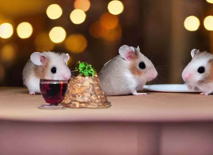 Image similar to photo of a hamsters on a date, drinking red wine, at night, faded colors, candlelit restaurant table, various poses, soft light, centered, sharp focus, 8 k