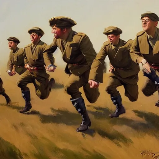 Image similar to greg manchess painting of a group of men running in a field wearing military uniform, painting, trending on artstation, by huang guangjian and gil elvgren and sachin teng