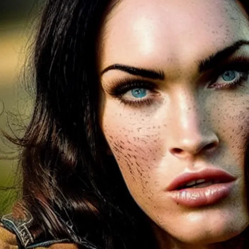 Image similar to megan fox as cowboy in western town, her face flushing and sweat, focus on head, professional photography