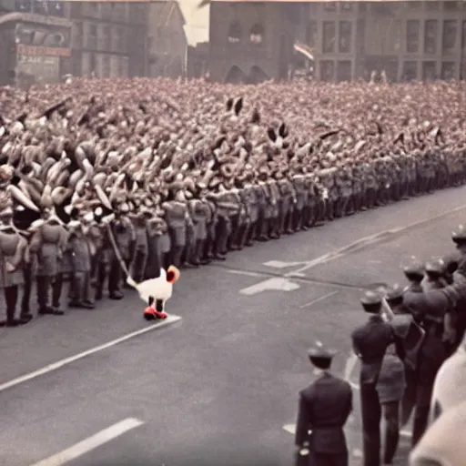 Prompt: historic colorized photograph of donald duck at a nazi parade in 1 9 3 6