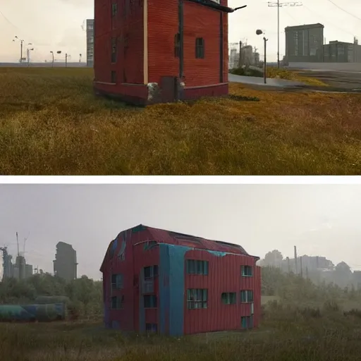 Image similar to single building, simon stalenhag, props, furniture and decor