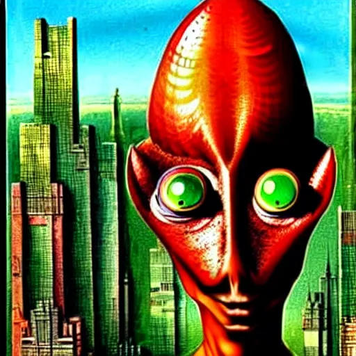 Image similar to A beautiful illustration of a strange, red alien creature looming over a green cityscape. The alien has several eyes and one mouth and its body is covered in scales. It seems to be coming towards the viewer, who is looking up at it in fear. By Max Ernst and Maciej Rebisz