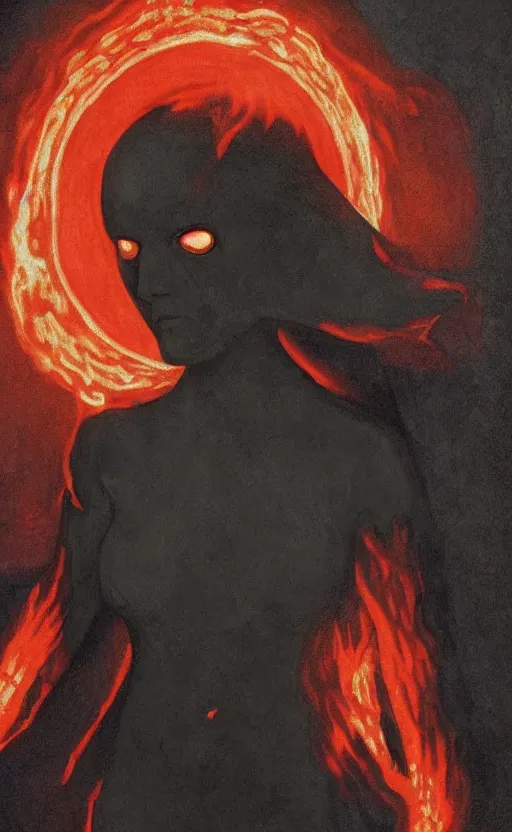 Prompt: Woman made of black flames, wearing a strict business suit, business casual, with no face, with glowing red eyes, with a red halo over her head, by Annie Swynnerton and Nicholas Roerich, madness combat, strong dramatic cinematic lighting , blood red sky, grey skin, smooth, sharp focus, extremely detailed