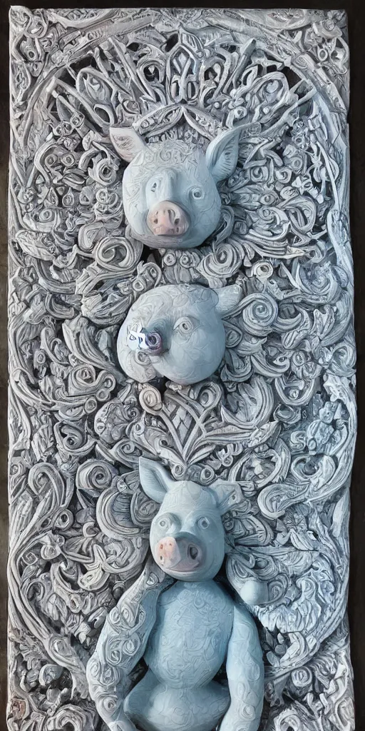 Image similar to intricate colourfully painted carved Soapstone relief paneling, white and pale blue , celestial, pig, piglet, piggy, pig goddess, mother earth, Earth Goddess mythology, Gaia, angels, divinity, Ghostly, crystaline celtic, insanly detailed , artstation, wallpaper, hyper realistic, realistic lighting