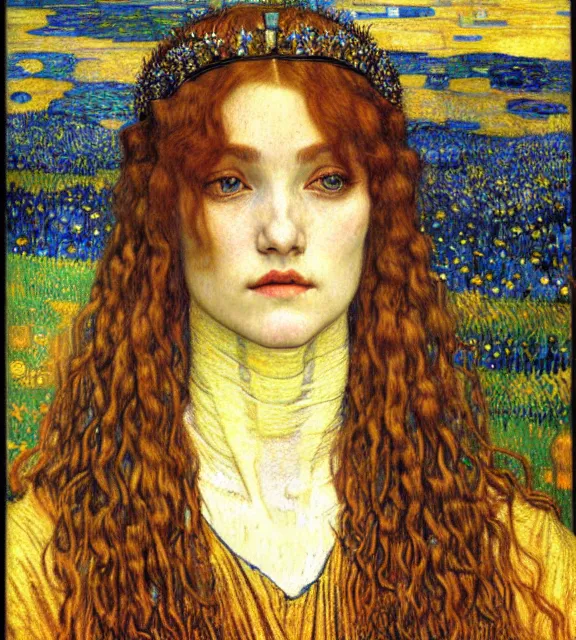 Image similar to detailed realistic beautiful young medieval queen face portrait by jean delville, gustav klimt and vincent van gogh, art nouveau, symbolist, visionary, gothic, pre - raphaelite, muted earthy colors, desaturated